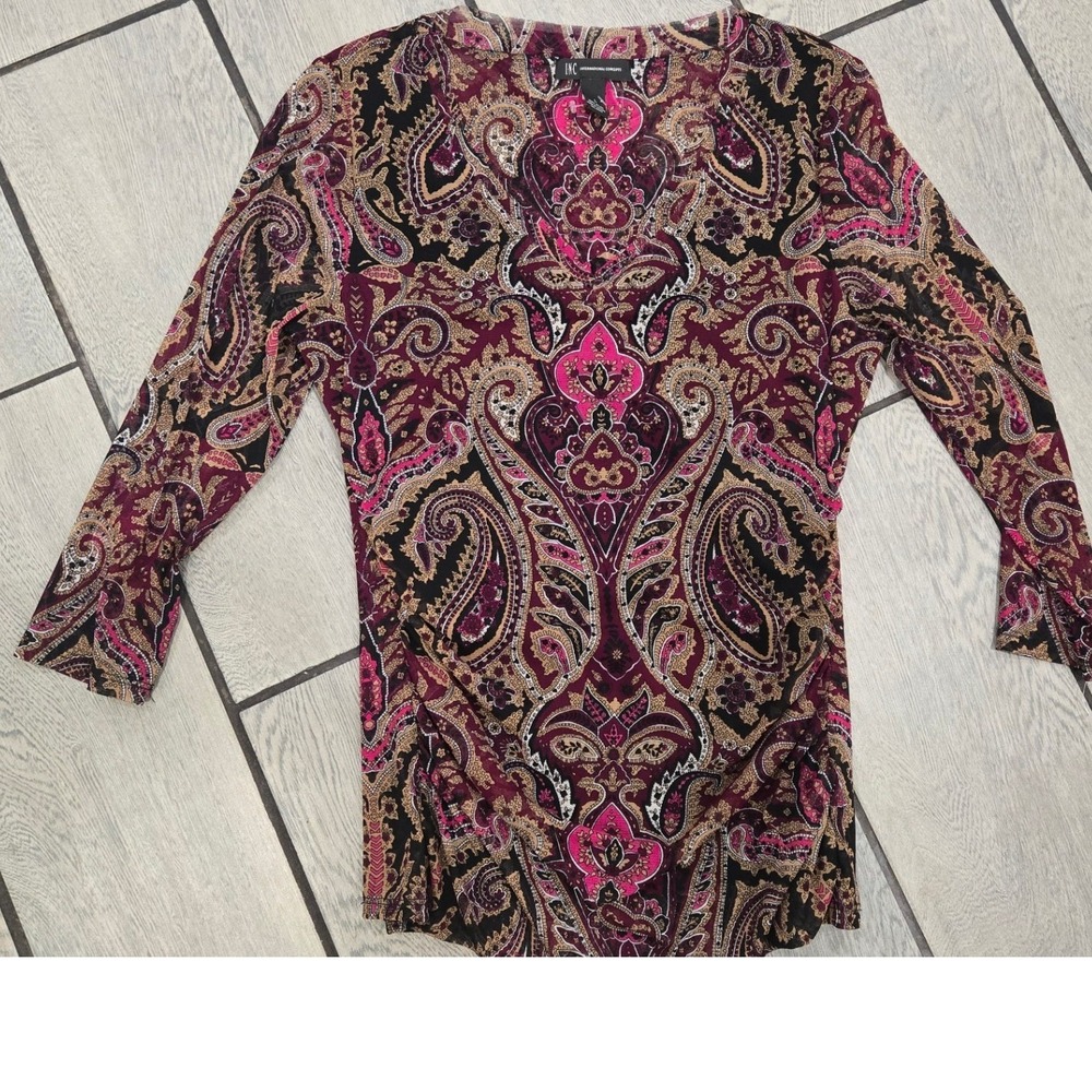 INC International Concepts Womens Paisley Mesh Ruched V-Neck Top Burgundy Pink L